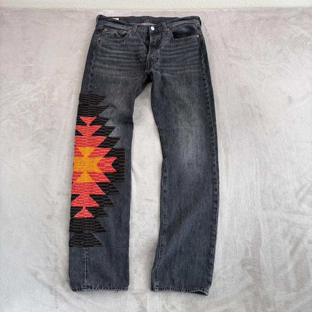 LEVIS 501 Premium Denim Embroidered Aztec Navajo Big E Men 32x34 Charcoal Black